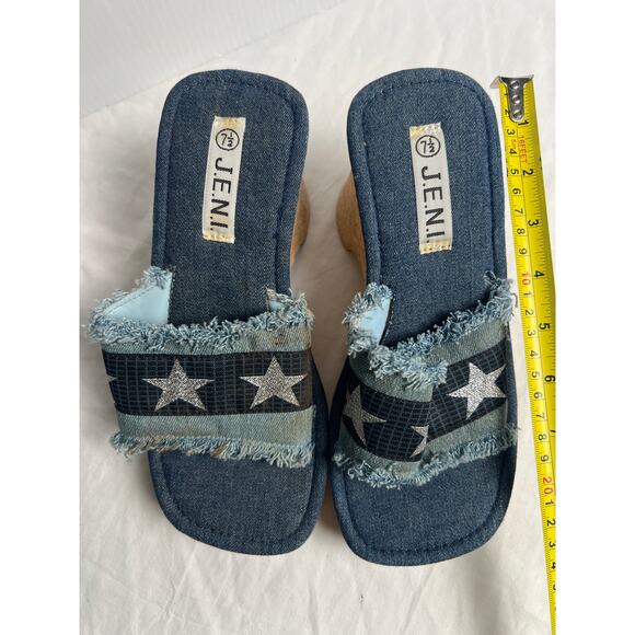 J.E.N.I. Y2K Denim Cork Heels Size 7.5 Women's Squared Toe Slides - Picture 2 of 6